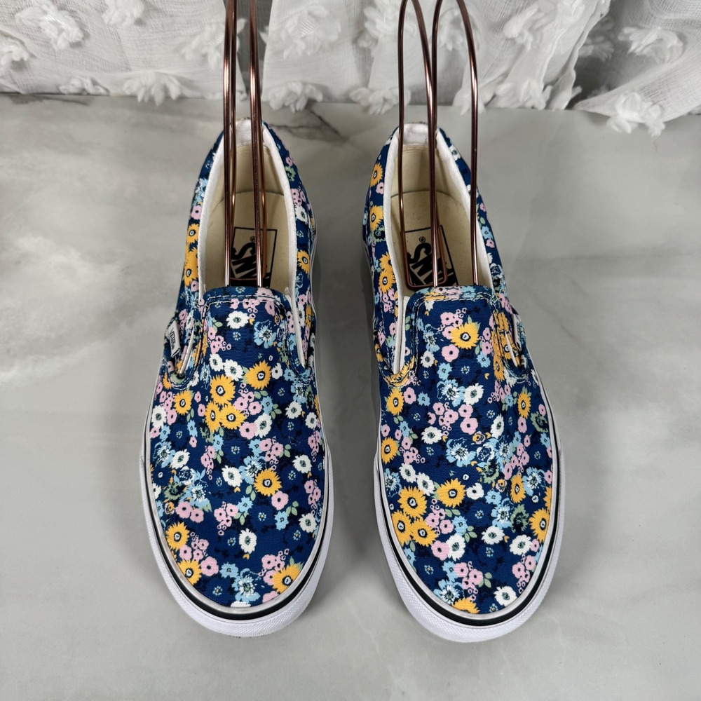 Vans Blue Floral Slip On Skate Shoes Sneakers Canvas Cottagecore Men 6 Women 7.5 - Picture 2 of 10